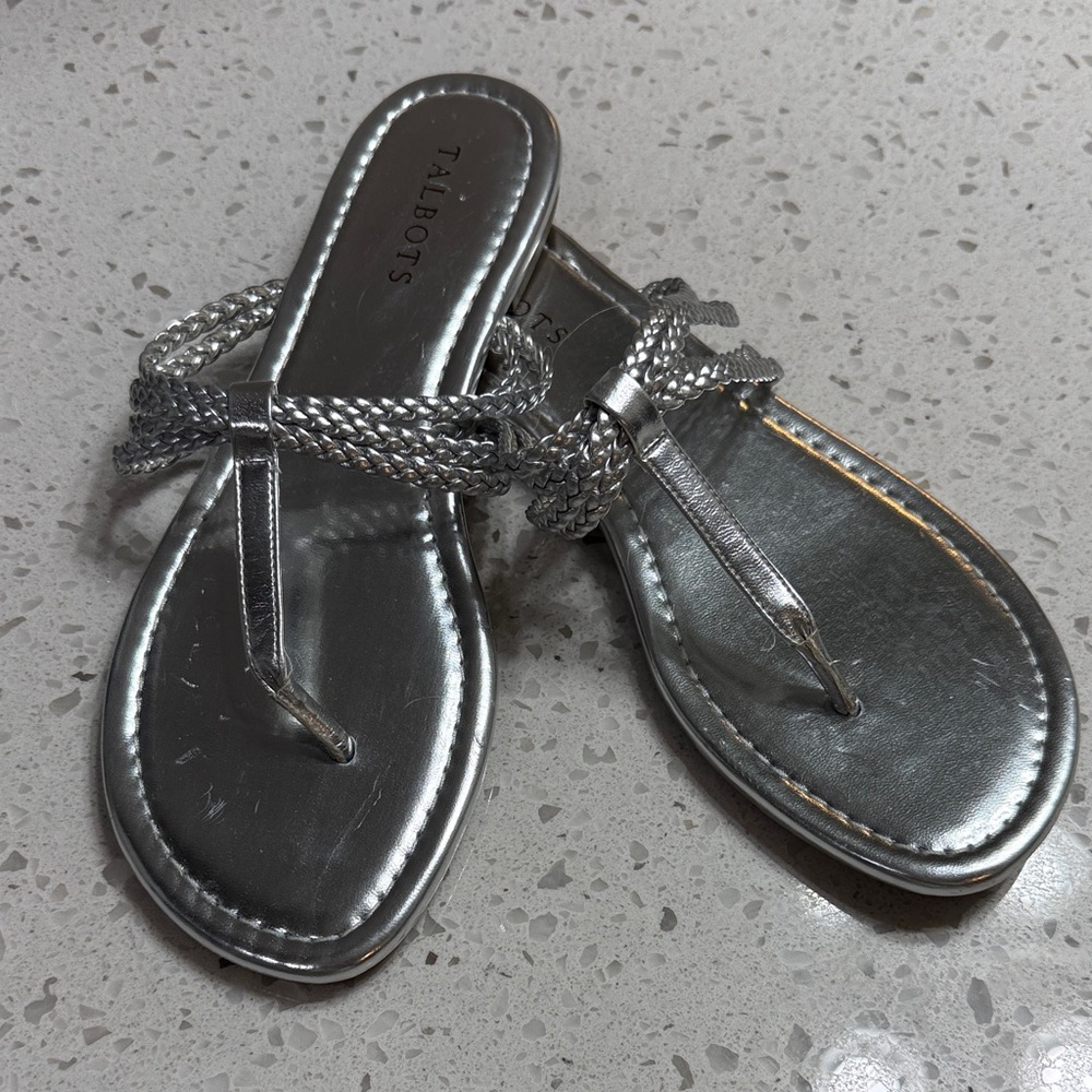 Talbots NEW Metallic Silver Braided Sandals flip flop beach resort vacation SZ 9